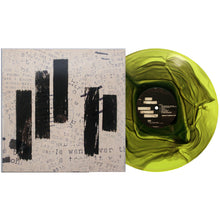 Load image into Gallery viewer, A black and green marbled vinyl LP by Mayday Parade rests beside its album cover, which displays scattered text and four bold vertical black paint strokes on a light background similar to Ripple Highlighter Yellow.