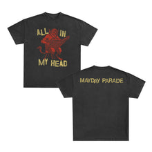 Load image into Gallery viewer, This black Mayday Parade t-shirt is made from soft ring-spun cotton, featuring a red devil with a guitar and yellow "ALL IN MY HEAD" on the front, plus "MAYDAY PARADE" in yellow across the back shoulders.