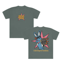 Load image into Gallery viewer, Front and back of a gray Mayday Parade T-shirt. Front: Mayday Parade on pink star. Back: Cartoon blue bunny with drum reading Effervescent Music, pink star, and text A Little Charge For The Batteries. Garment-dyed ring-spun cotton.