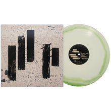Load image into Gallery viewer, A Mayday Parade Bone White & Olive Green Vinyl LP with a translucent green edge rests beside its album cover, featuring bold black lines over faded, scattered typewritten text.