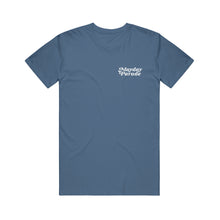 Load image into Gallery viewer, image of the front of an indigo tee shirt on a white background. front of tee  has a small right chest print that says mayday parade
