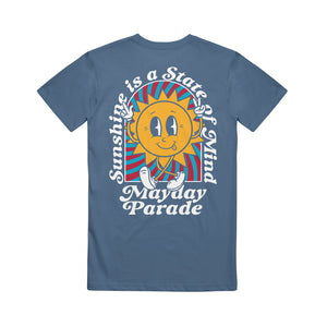 image of the back of an indigo tee shirt on a white background. tee has a full back print of a sun with a face, with legs and the arms in the air. arched around the sun says sunshine is a state of mind and across the bottom says mayday parade