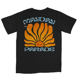 back of black tee. design is of a sunet with a sad face and the words mayday parade