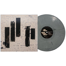 Load image into Gallery viewer, A Graphite Vinyl LP by Mayday Parade sits beside an album cover featuring scattered typed words and four bold black brushstroke-like lines on a light background.