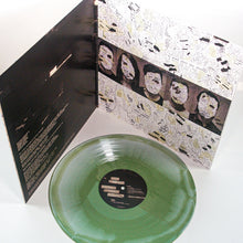 Load image into Gallery viewer, A translucent olive green Vinyl LP from Mayday Parade sits in front of an open album cover with black-and-white collage art, obscured faces, and handwritten text. The inner sleeve features song lyrics, album credits, and bold black lines.