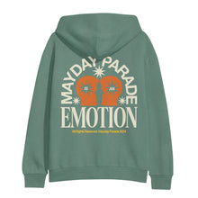 Load image into Gallery viewer, A Cypress Green Mayday Parade hoodie with large logo text encircling two orange silhouettes with IS AN inside, Emotion bold below, and All Rights Reserved. Mayday Parade 2024 printed at the bottom.