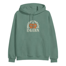Load image into Gallery viewer, A Cypress Green hoodie by Mayday Parade featuring MAYDAY PARADE and EMOTION in cream and orange with flower and star graphics on the front.
