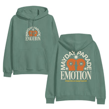 Load image into Gallery viewer, A cypress green Mayday Parade hoodie features MAYDAY PARADE and EMOTION in bold white on the front. The back displays two orange faces, a heart, stars, and “LOVE IS AN EMOTION.”.
