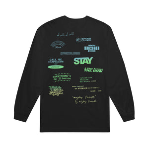 image of the back of a black long sleeve tee on a white background. back of the tee  has the track list scattered around the full back of their self titled album