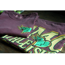 Load image into Gallery viewer, image of a folded front and back of a berry colored tee shirt on a wood background. the front of the tee is on the left and has a small chest print on the right of a teal broken heart with an angel wing. curved below the wing in cursive says mayday parade. the back of the tee is on the right and has a full back print in cream with orange outline that says emo athleisure club. across the bottom says working out those sweet sweet emotions with mayday parade
