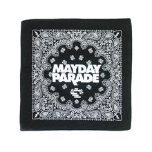 Load image into Gallery viewer, image of a square black bandana on a white background. the bandana is black with white print of paisley patterns and mayday parade in the center
