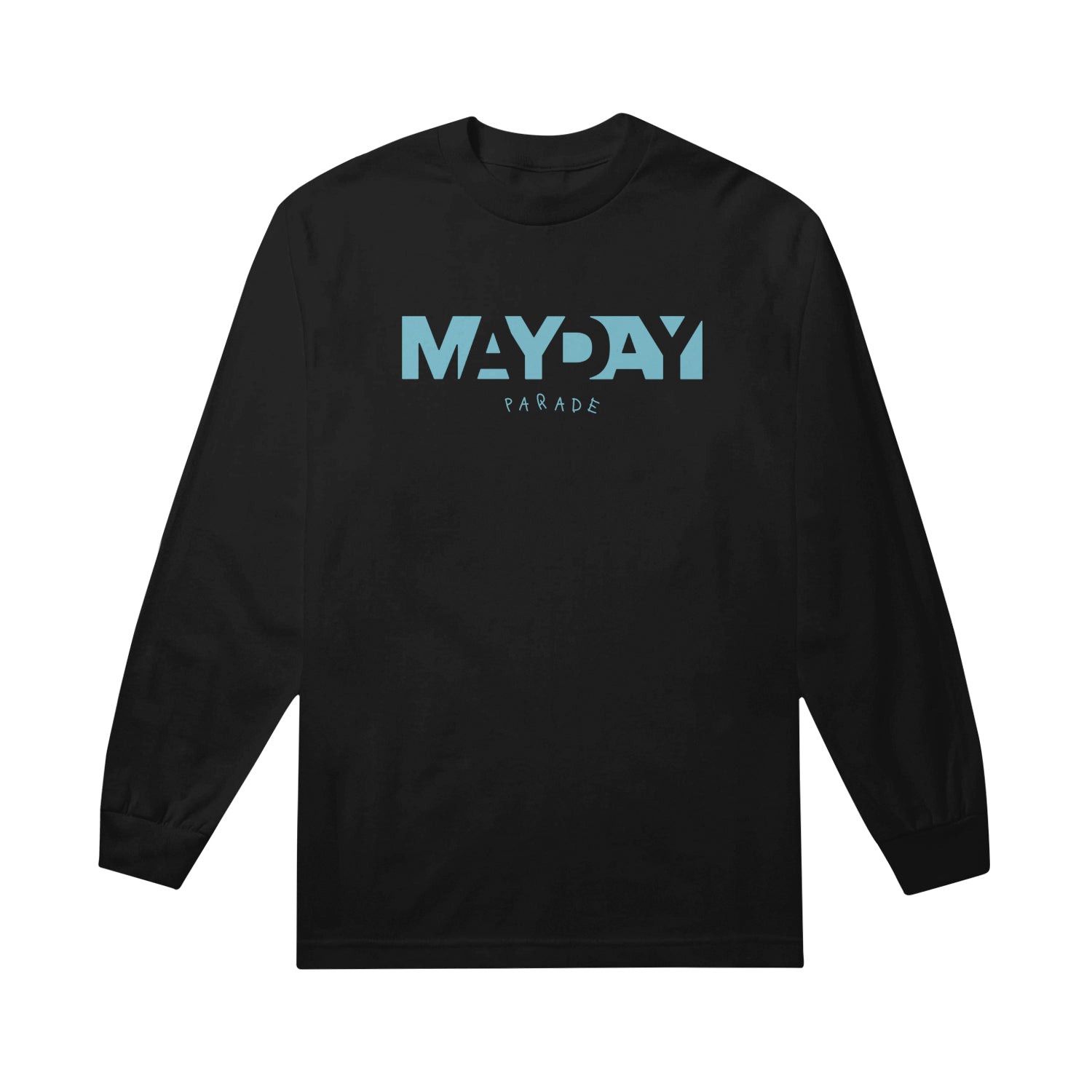 image of the front of a black long sleeve tee on a white background. the front of the tee tee is on the left and has a small center chest print in blue gradient that says mayday parade
