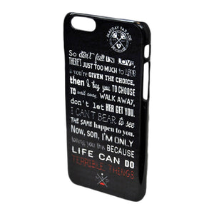 image of a black i phone 4 case on a white background with words written in different fonts covering the case. these are song lyrics of terrible things by mayday parade