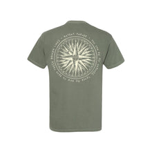 Load image into Gallery viewer, image of the back of a moss tee shirt on a white background. tee has a full back print of a compass
