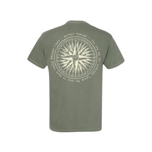 image of the back of a moss tee shirt on a white background. tee has a full back print of a compass