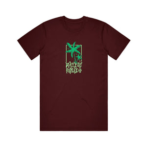 image of the front of a maroon tee shirt on a white background. tee has a green palm tree and says mayday parade