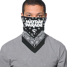 Load image into Gallery viewer, image of a man with short dark hair and a grey tee shirt wearing a black bandana wrapped around his face on a white background. the bandana is black with white print of paisley patterns and mayday parade in the center
