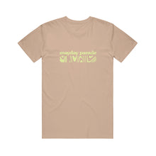 Load image into Gallery viewer, image of a tan tee shirt on a white background. the tee has a chest print in lime green across the chest that says mayday parade with squiggles below.
