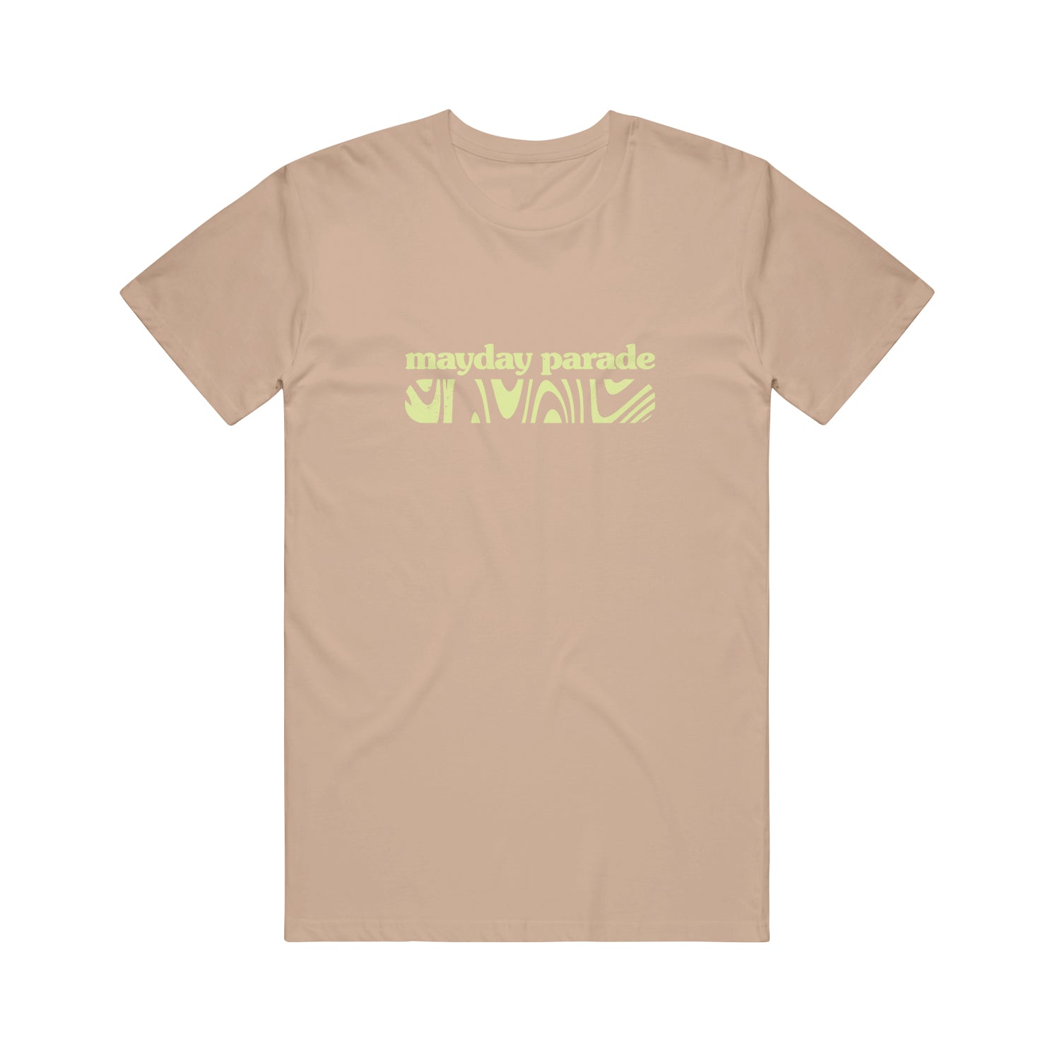 image of a tan tee shirt on a white background. the tee has a chest print in lime green across the chest that says mayday parade with squiggles below.
