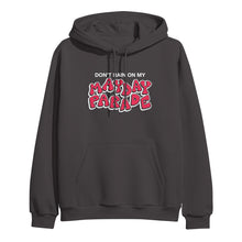 Load image into Gallery viewer, image of the front of a railroad grey pullover hoodie. hoodie  has a center chest print that says don&#39;t rain on my mayday parade
