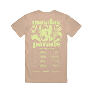 image of the back of a tan tee shirt on a white background. the back of the tee full print in green that says mayday on top, squiggles and broken heart below, parade below that and then fall 2021 tour dates below, filling the back of the shirt.