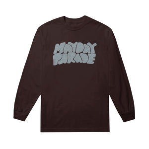 image of the front of a brown long sleeve tee. tee has a center chest print that says mayday parade. 