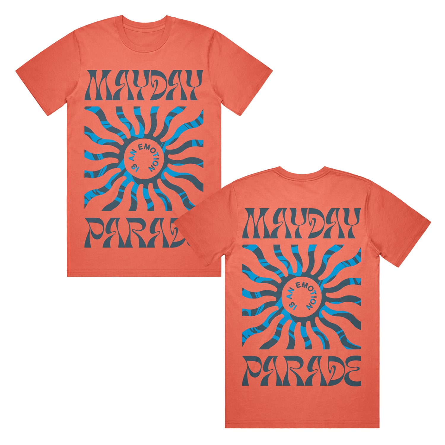 image of the front and back of a salmon colored tee shirt on a white background. front of tee is on the left and has a full body print. at the top says mayday and the bottom says parade. in the center is a blue sun shape and inside says is an emotion. the back of the tee is on the right and has the same print as the front of the tee.