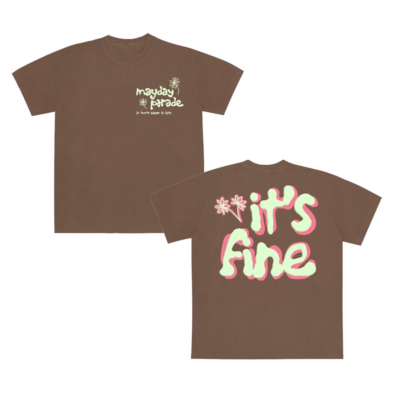 Mayday Parade brown Comfort Colors T-shirt with a small flower and band name on the front left chest; large pastel 