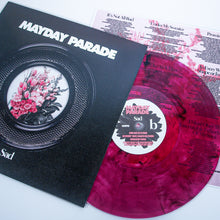 Load image into Gallery viewer, Mayday Parade’s vinyl features a pink, black, and purple smoke-marbled design. The cover shows flowers in a black oval frame with “Sad.” on it; the inner sleeve displays printed song lyrics.
