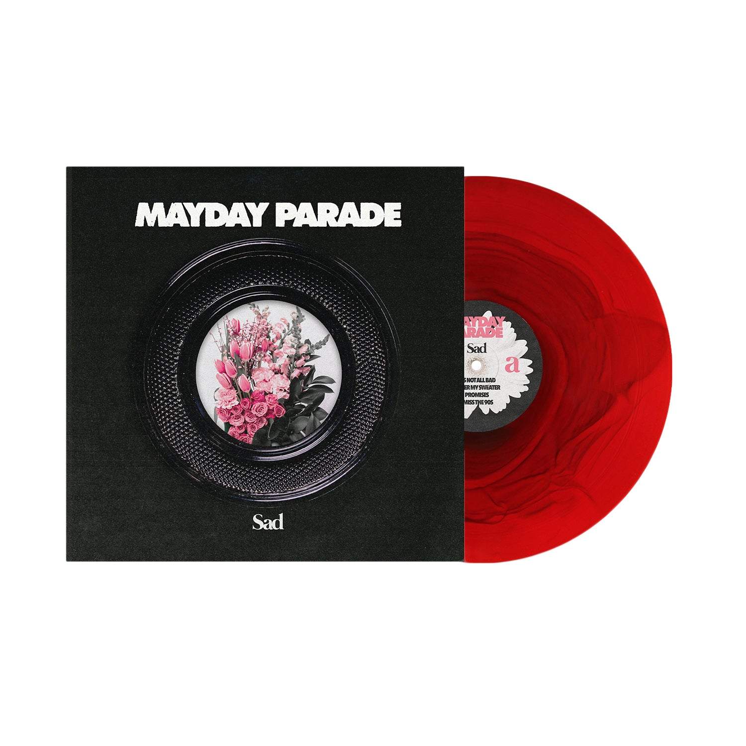 A limited Red Ripple Variant vinyl record by Mayday Parade partially slides from a black Sad album cover, showing pink flowers in a circular frame with bold white band and title text. Pre-order now to secure your copy.