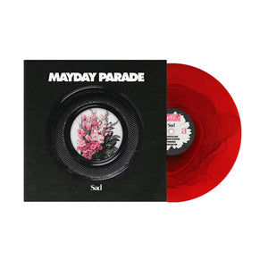 A limited Red Ripple Variant vinyl record by Mayday Parade partially slides from a black Sad album cover, showing pink flowers in a circular frame with bold white band and title text. Pre-order now to secure your copy.