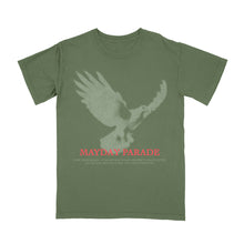 Load image into Gallery viewer, Mayday Parade olive green Comfort Colors t-shirt featuring a large, faded light gray flying eagle graphic, bold red “MAYDAY PARADE” text below, and small white song lyrics underneath.
