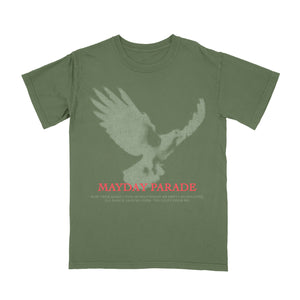 Mayday Parade olive green Comfort Colors t-shirt featuring a large, faded light gray flying eagle graphic, bold red “MAYDAY PARADE” text below, and small white song lyrics underneath.
