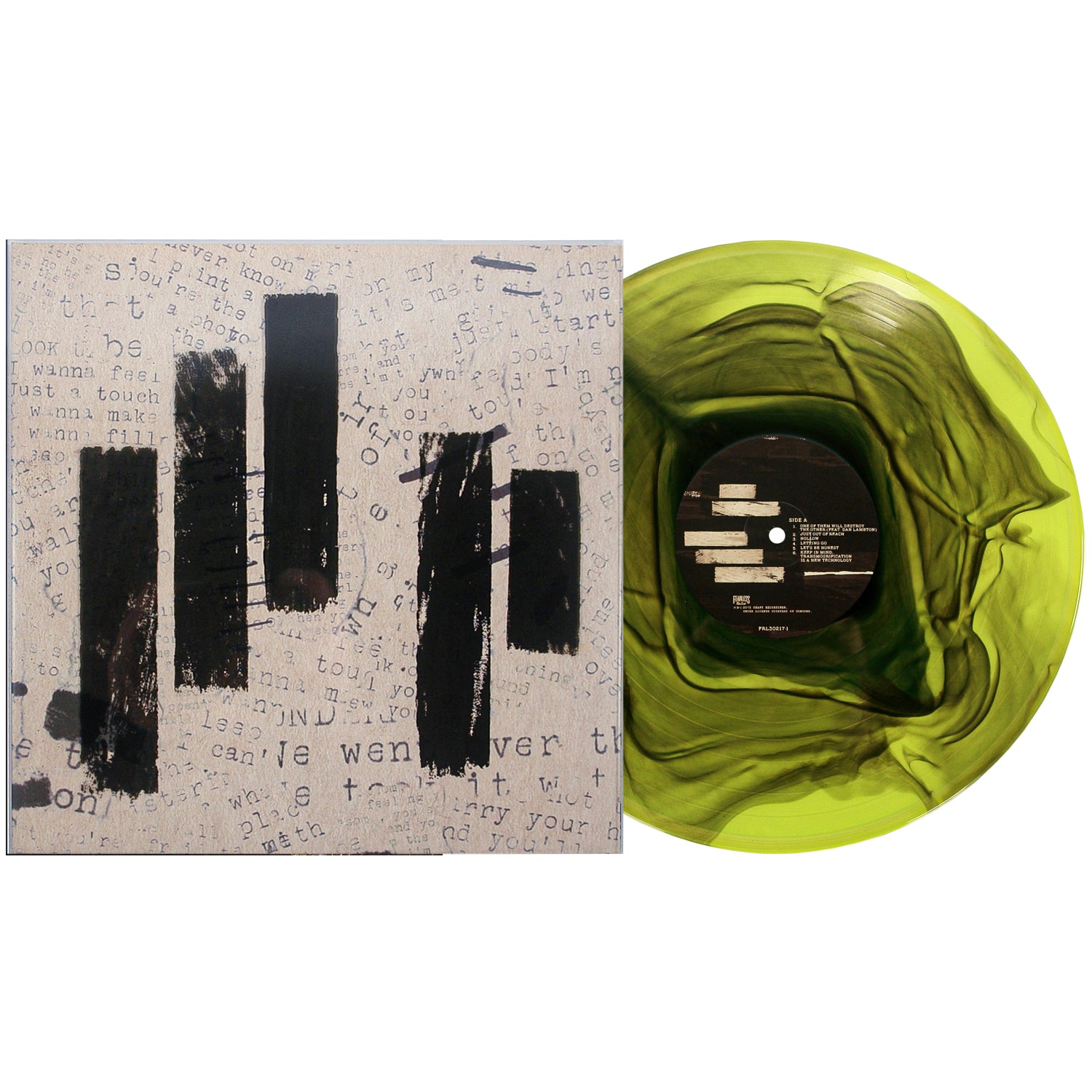 A black and green marbled vinyl LP by Mayday Parade rests beside its album cover, which displays scattered text and four bold vertical black paint strokes on a light background similar to Ripple Highlighter Yellow.