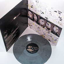 Load image into Gallery viewer, A marbled gray and black Graphite Vinyl LP by Mayday Parade is in front of an open album cover with collage art featuring faces and text clippings. The inner sleeve displays song lyrics in white on a black background.
