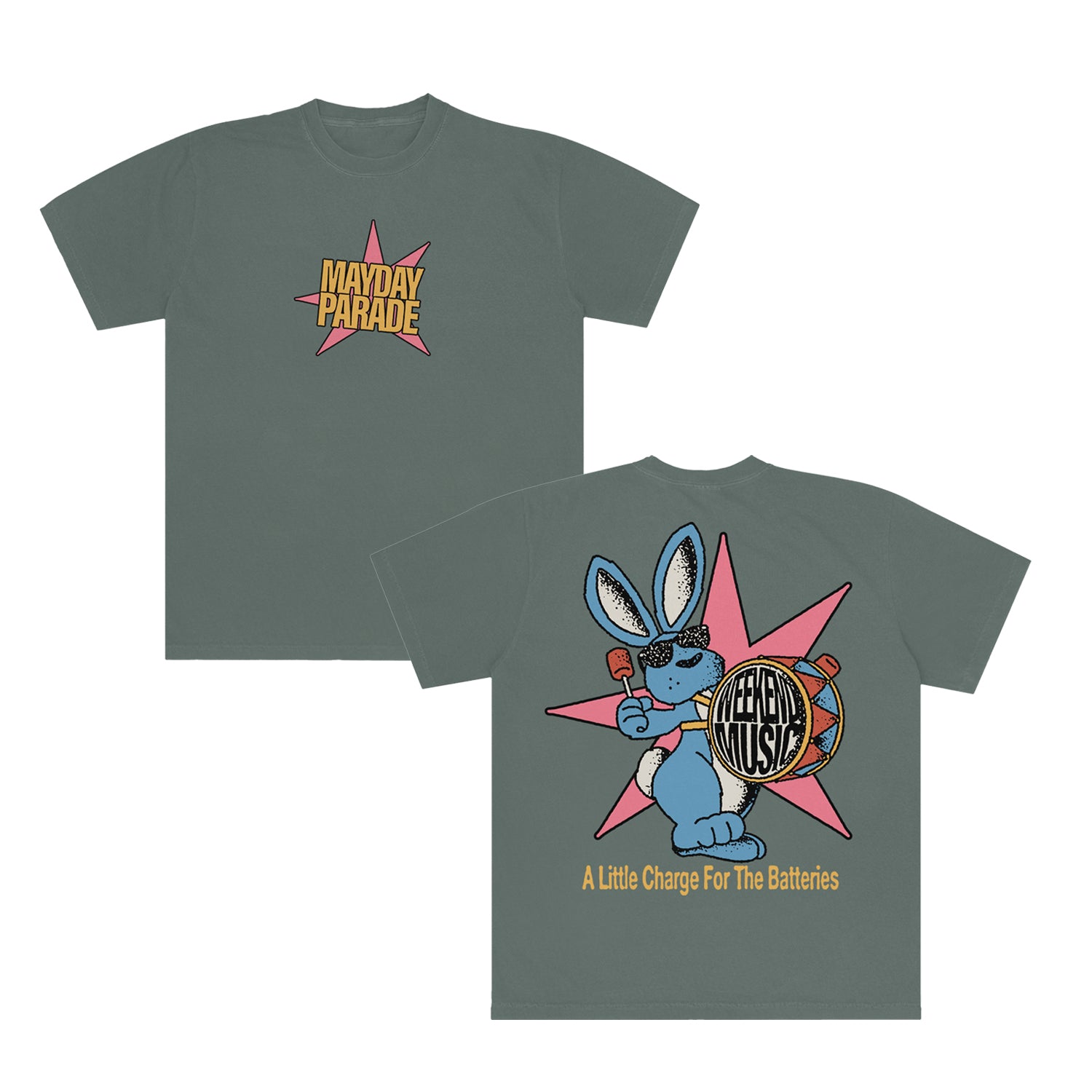 Front and back of a gray Mayday Parade T-shirt. Front: Mayday Parade on pink star. Back: Cartoon blue bunny with drum reading Effervescent Music, pink star, and text A Little Charge For The Batteries. Garment-dyed ring-spun cotton.