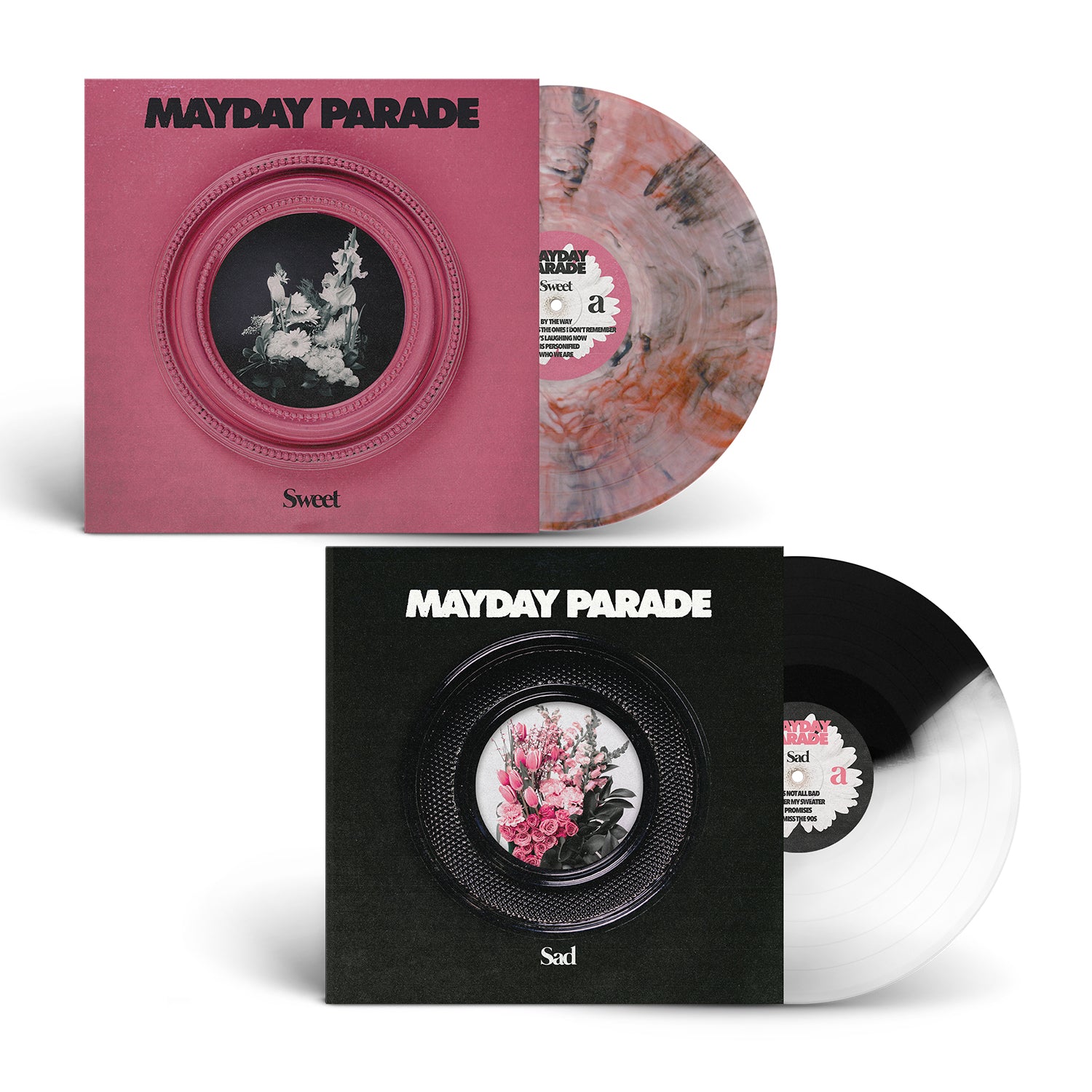 Two vinyl records and sleeves: Limited Edition pink cover (Mayday Parade “Sweet”) with marbled pink/gray vinyl, and black cover (“Sad”) on Black And Clear Blend Vinyl. Both feature floral artwork. Brand: Mayday Parade.