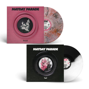 Two vinyl records and sleeves: Limited Edition pink cover (Mayday Parade “Sweet”) with marbled pink/gray vinyl, and black cover (“Sad”) on Black And Clear Blend Vinyl. Both feature floral artwork. Brand: Mayday Parade.