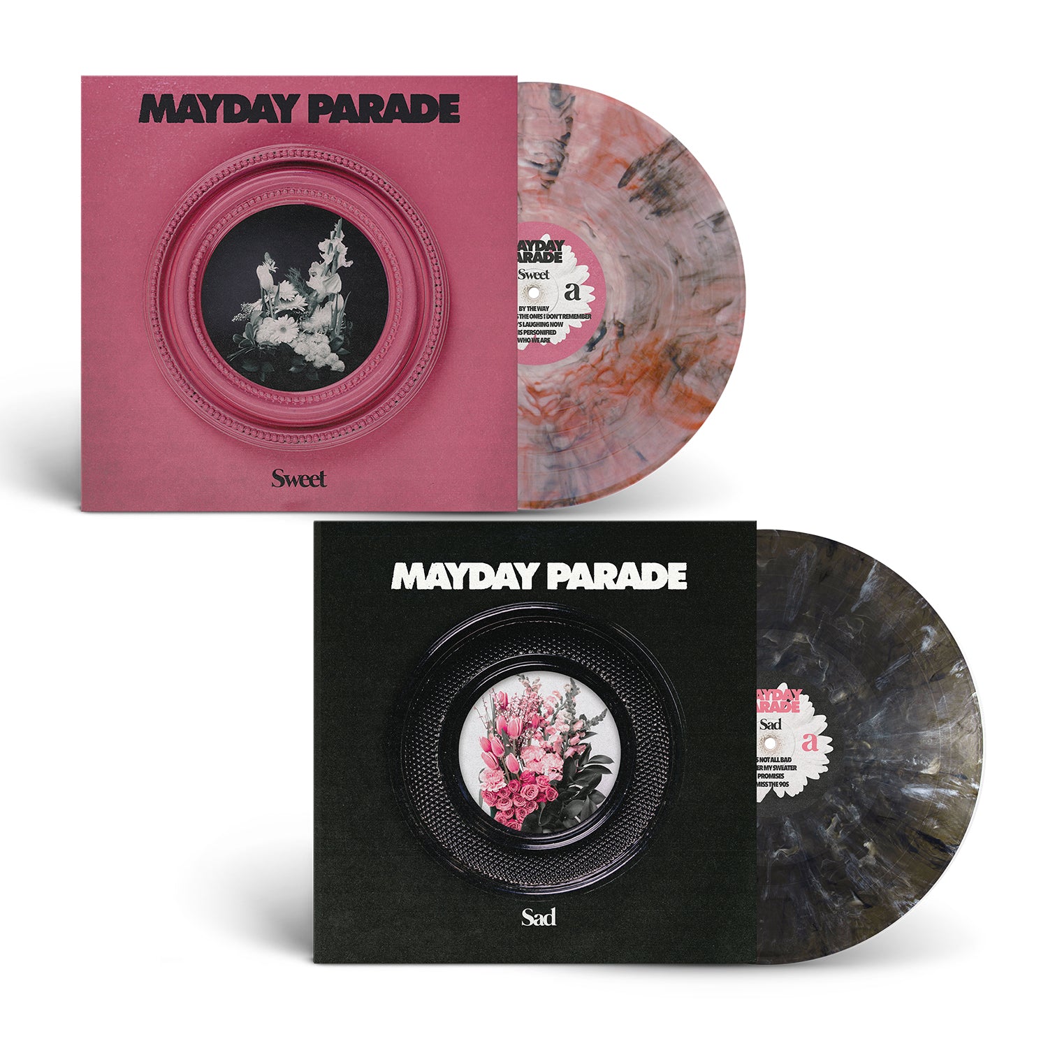 Mayday Parade offers two limited edition albums: Sweet with a pink cover and pink-white-black marbled vinyl, and Sad in black with black-gold Onyx Variant vinyl. Both feature framed floral artwork on the covers.