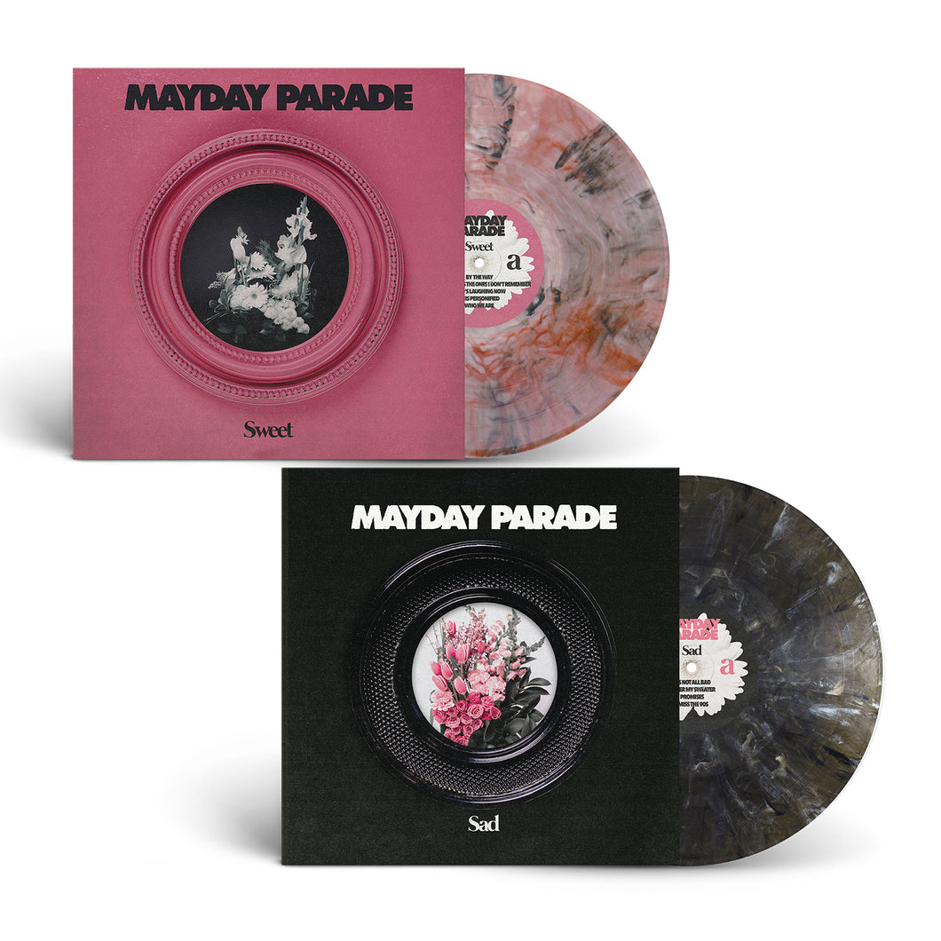 Mayday Parade offers two limited edition albums: Sweet with a pink cover and pink-white-black marbled vinyl, and Sad in black with black-gold Onyx Variant vinyl. Both feature framed floral artwork on the covers.