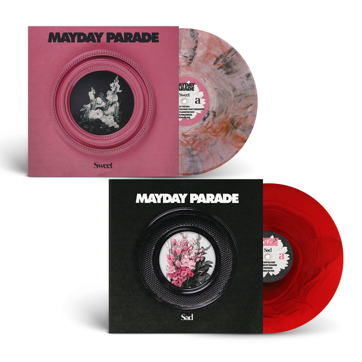 Mayday Parade offers two limited edition vinyls: a pink cover with marbled grey and pink (Sweet Variant) and a black cover with solid red (Sad Red Ripple Variant). Both have floral art in circular frames.