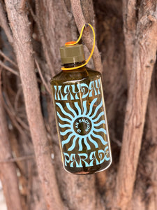 image of a green naglene water bottle hanging on a tree branch. across the front of the bottle in blue says mayday parade. in the center says is an emotion with a sun image surrounding it