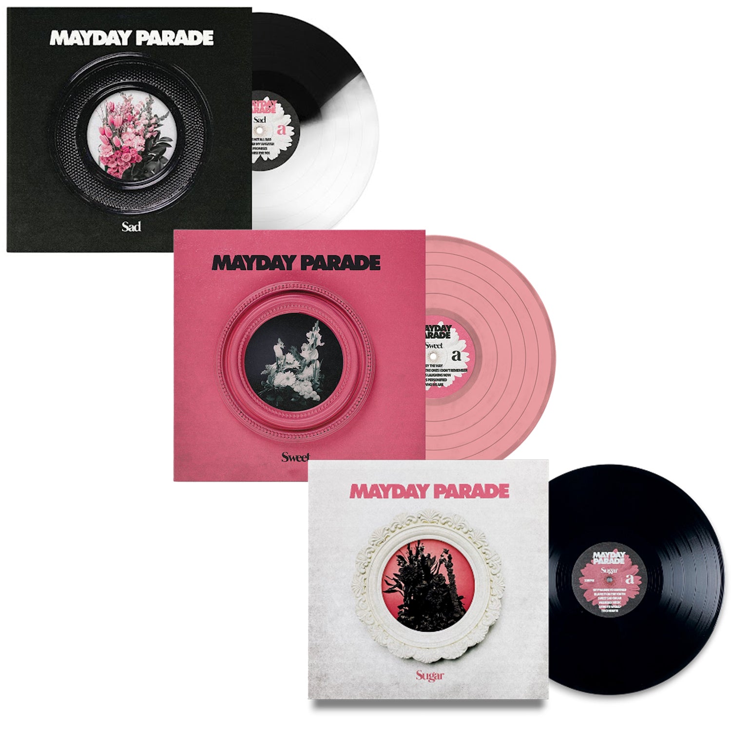 Three Mayday Parade vinyls are shown: a Limited Edition cloudy black with floral cover (Sad), a pink vinyl with pink cover (Sweet), and a black vinyl with white cover (Savage)—each featuring circular floral artwork from Mayday Parade.