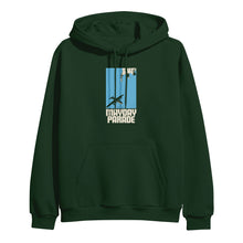 Load image into Gallery viewer, image of the front of a forest green pullover hoodie on a white background. hoodie has a center chest print of a blue rectangle with an airplane. below says mayday parade
