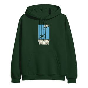 image of the front of a forest green pullover hoodie on a white background. hoodie has a center chest print of a blue rectangle with an airplane. below says mayday parade