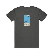 Load image into Gallery viewer, image of the front of a pepper gray tee shirt on a white background. tee has a center chest print of a blue rectangle with an airplane. below says mayday parade
