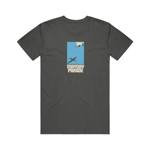 image of the front of a pepper gray tee shirt on a white background. tee has a center chest print of a blue rectangle with an airplane. below says mayday parade