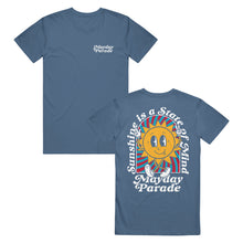 Load image into Gallery viewer, front and back image of an indigo colored tee shirt on a white background. the front of the tee is on the left and has a small right chest print that says mayday parade. the back the tee is on the right and has a full back print of a sun with a face, with legs and the arms in the air. arched around the sun says sunshine is a state of mind and across the bottom says mayday parade
