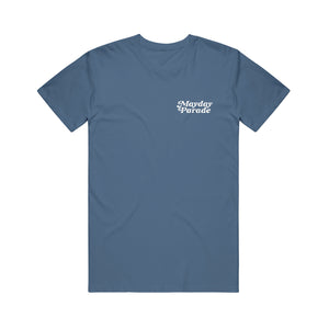 image of the front of an indigo tee shirt on a white background. front of tee  has a small right chest print that says mayday parade