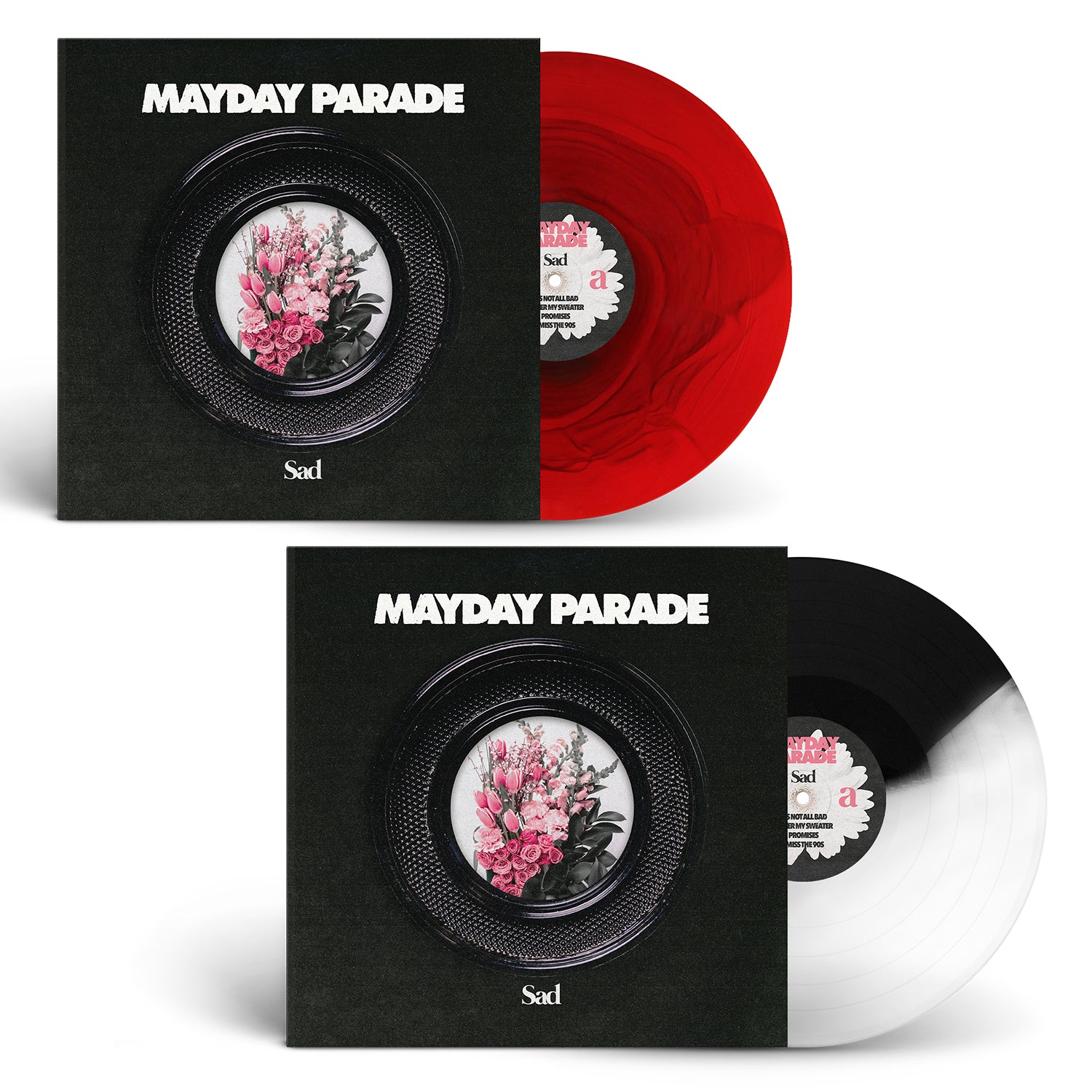 Two limited edition Mayday Parade Sad EP vinyls: the Black and Clear Blend Variant and the Red Ripple Variant, each partially in a black album cover with a circular floral arrangement.